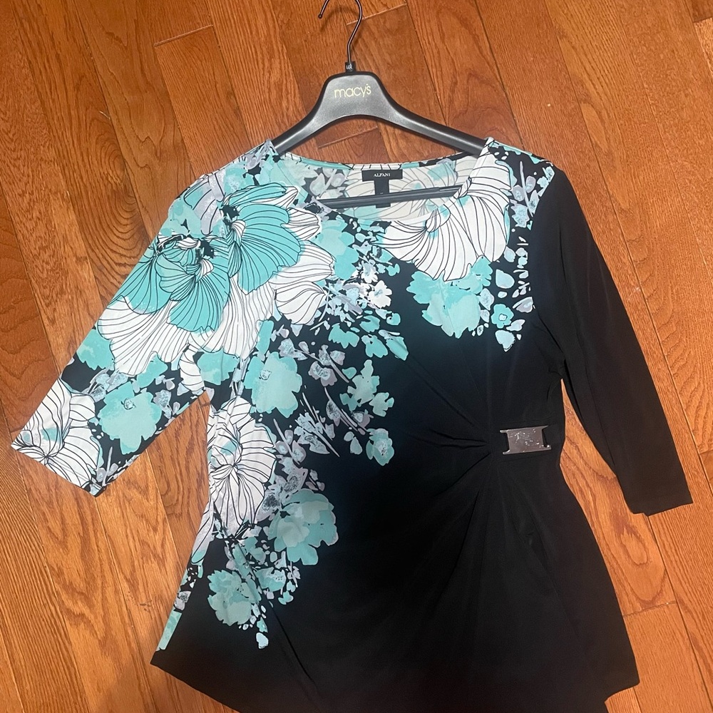 Alfani Black Teal & White Floral Side-Twist Tunic